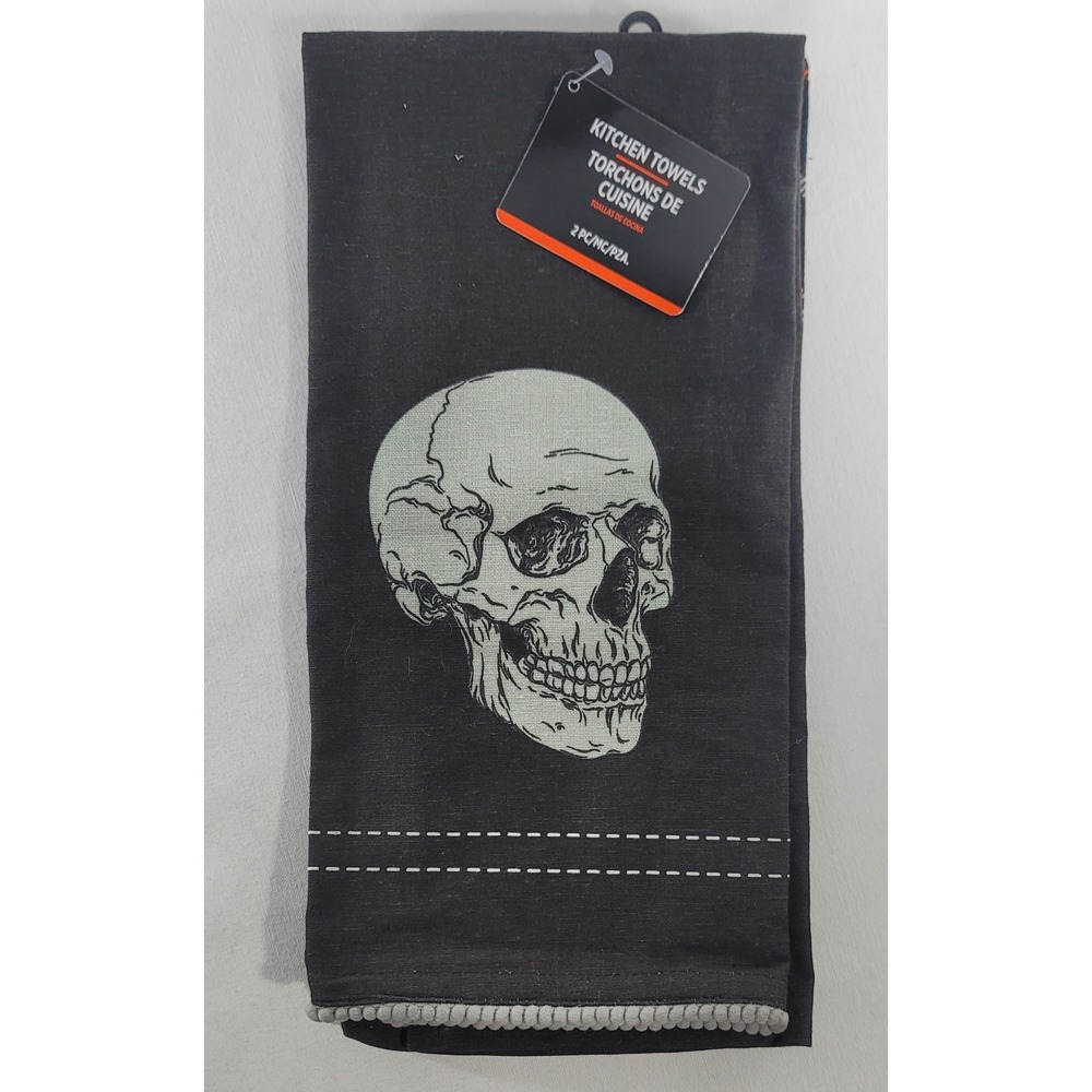 Kitchen Towels Skull & Plaid Lot Of 2 Halloween Dish Towels
